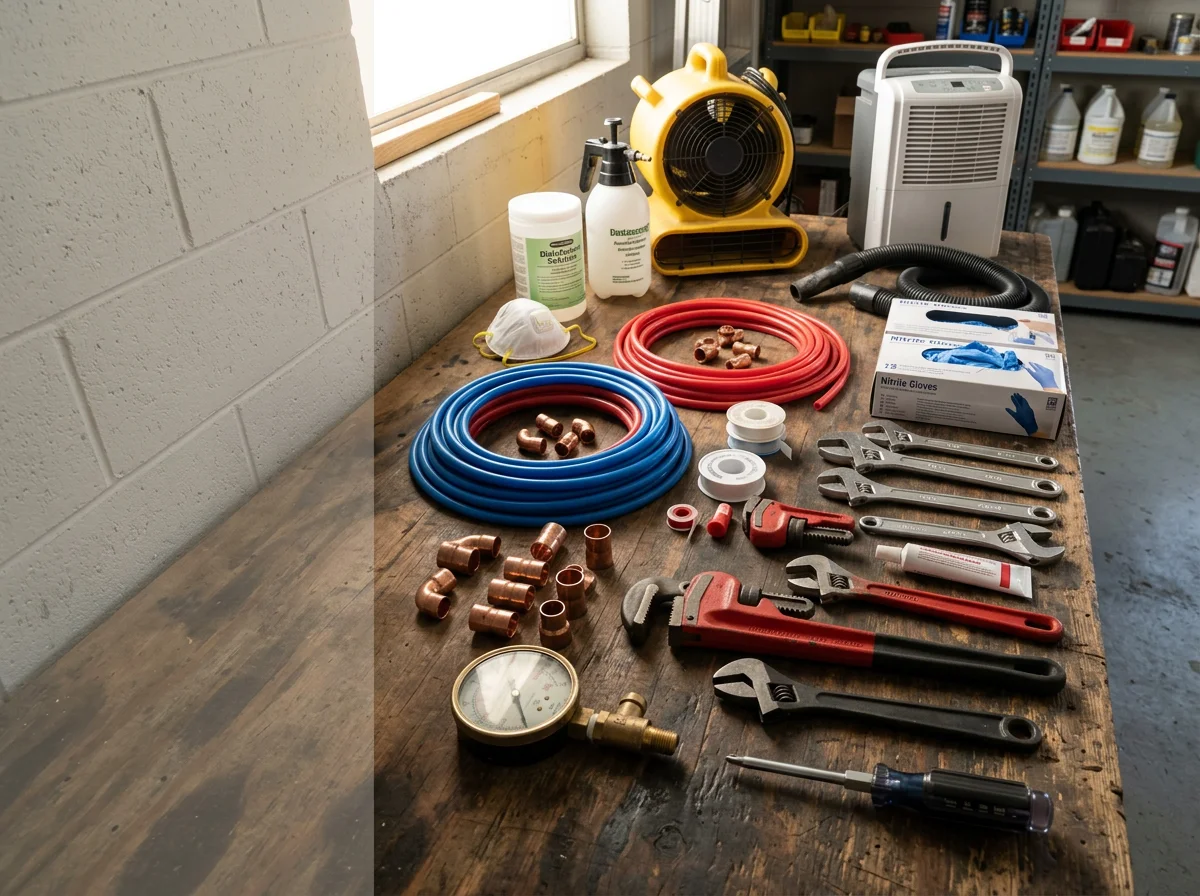 Professional plumbing tools and equipment arranged on a work surface, representing the trade expertise and readiness of a licensed contractor.