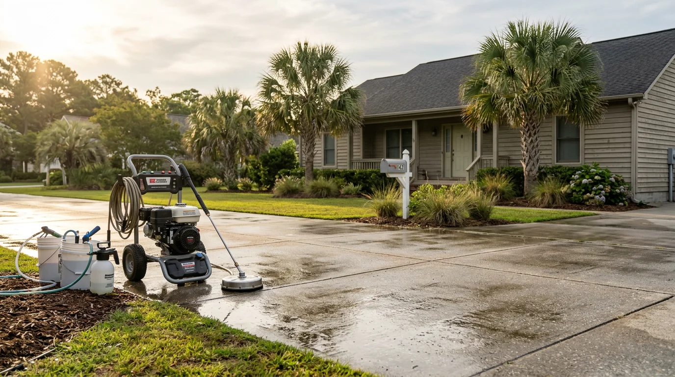 Professional pressure washing a residential driveway in Jacksonville NC