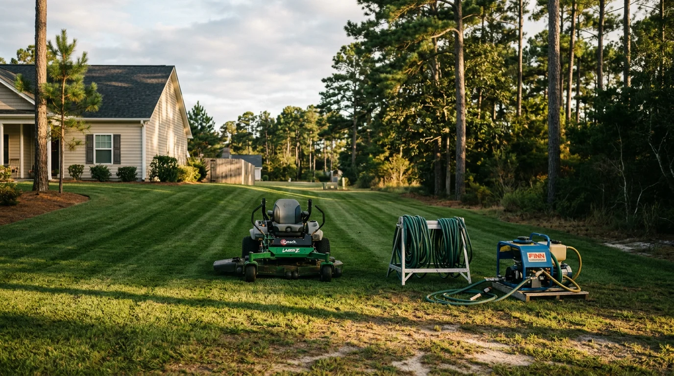 Land management crew performing vegetation control and mowing on a steep slope property in North Carolina