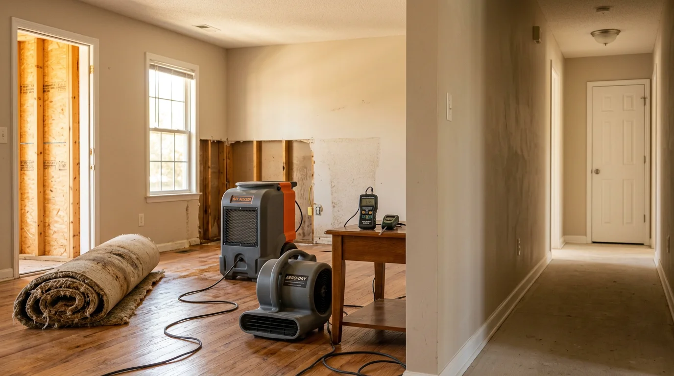 Professional water damage restoration crew removing water from a residential basement in Jacksonville NC