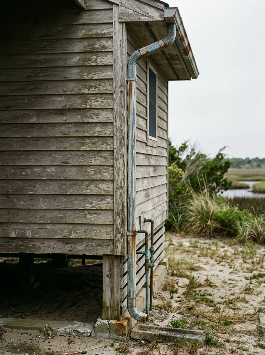 Detail shot of coastal home exterior showing weathering and maintenance needs common to Hubert properties.