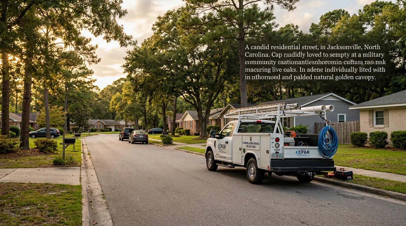 Residential street in Jacksonville NC with mature trees and single-family homes typical of military community neighborhoods.