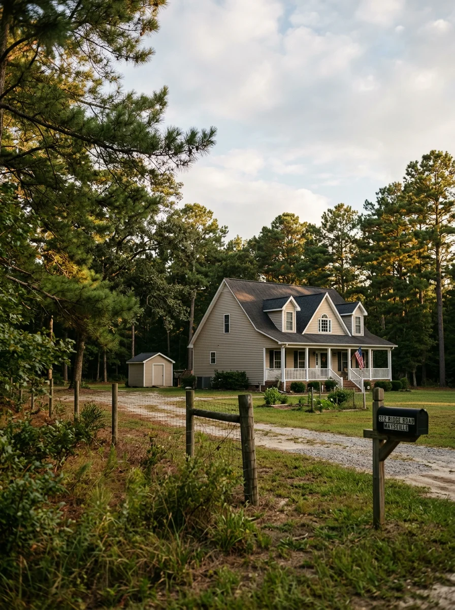 Country home in Maysville showing the spacious lot and natural surroundings characteristic of the area.