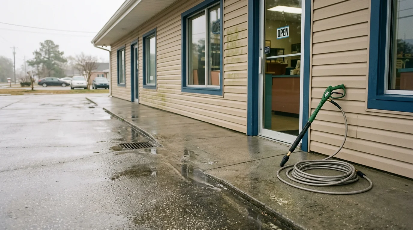 A commercial storefront in Jacksonville, NC with a clean, algae-free exterior wall and freshly washed sidewalk after professional property washing. The entryway concrete shows no staining or biological buildup.