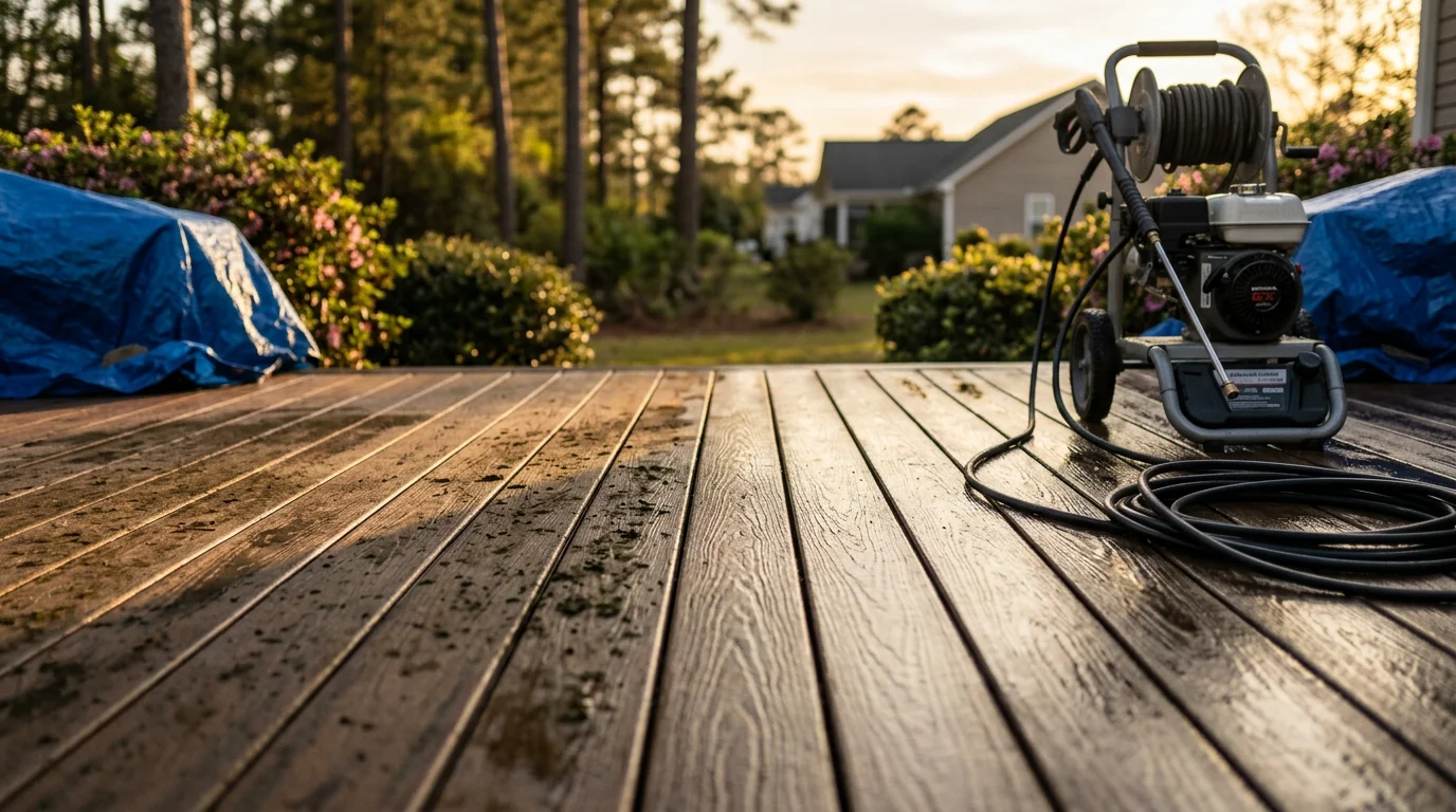 A residential wood deck in Jacksonville, NC after professional cleaning, showing restored board color and no visible mold or algae staining. A pressure washing wand is visible along the edge of the deck boards.