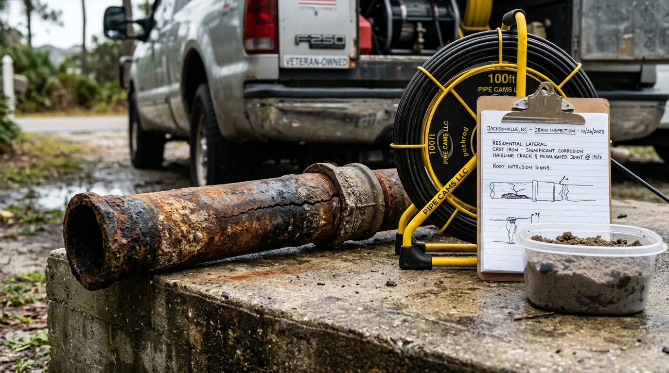 A plumber inspecting an exposed residential drain pipe beneath a home in Jacksonville, NC, checking for cracks and joint damage. The repair site shows a section of corroded pipe being assessed in a crawl-space foundation typical of Onslow County homes.