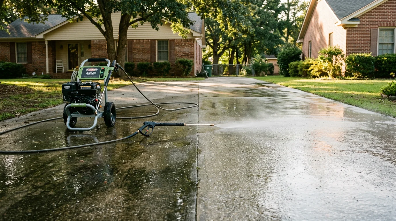A concrete residential driveway in Jacksonville, NC being pressure washed, showing a clear line between the dark stained surface and the freshly cleaned concrete. Algae and tire mark residue are visible on the uncleaned side, while the treated side shows restored gray concrete.
