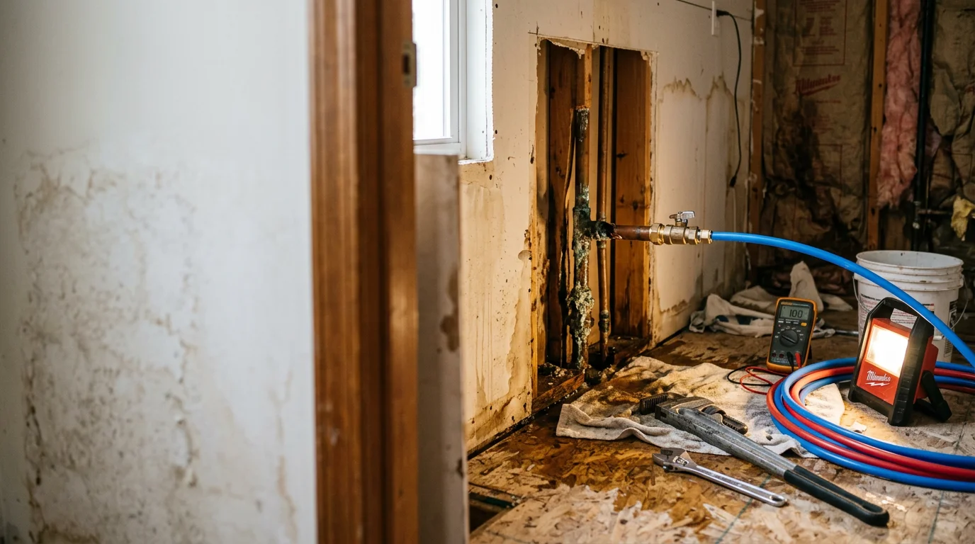 A licensed plumber repairing a burst pipe under a sink in a Jacksonville, NC home, with water-damaged cabinetry visible in the background. The technician is wearing a work uniform and using hand tools to replace a corroded pipe section.