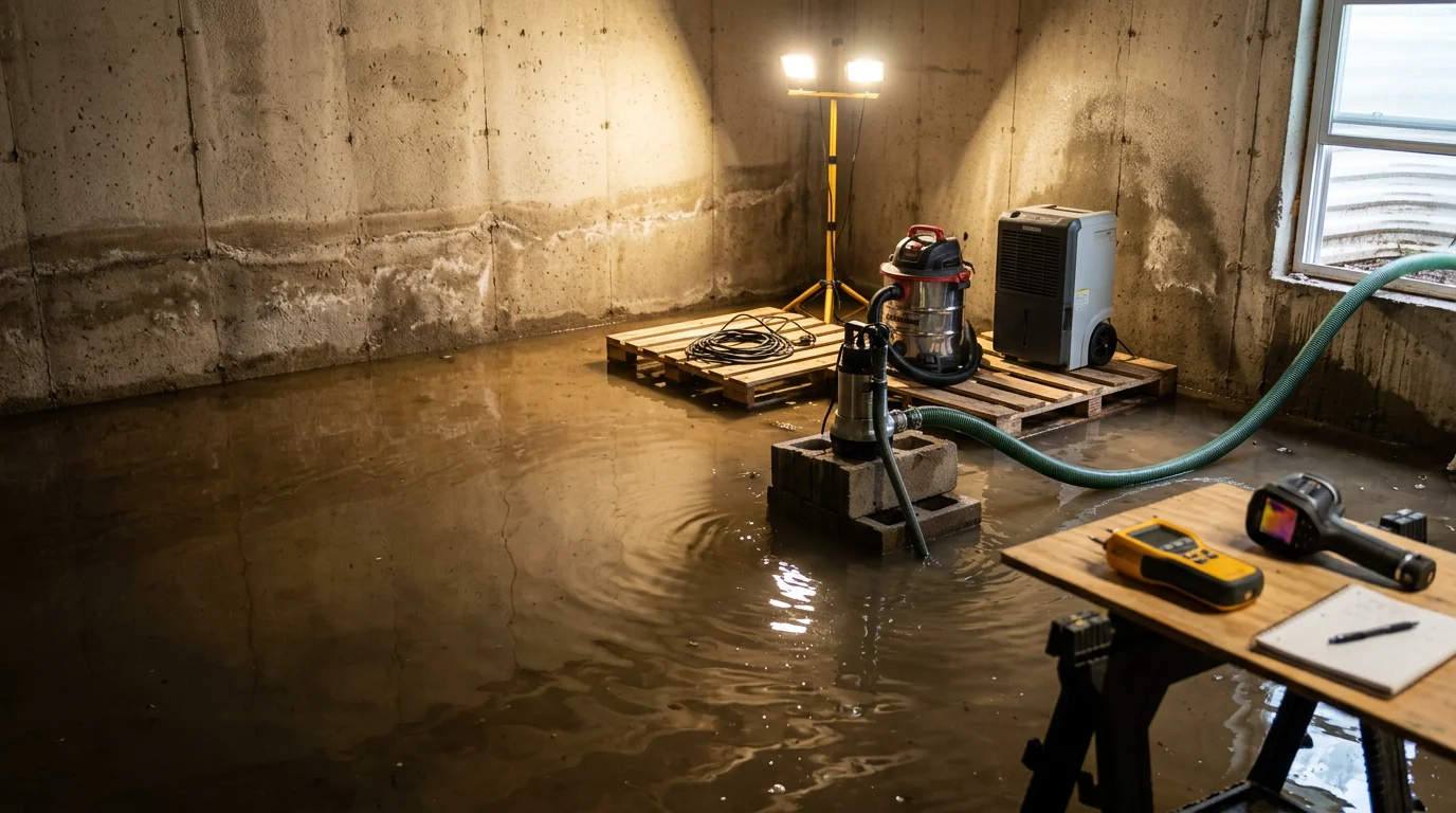 A technician performing emergency water extraction from a flooded crawl space beneath a residential home in Jacksonville, NC. Standing water is visible across the crawl space floor with extraction equipment in use.