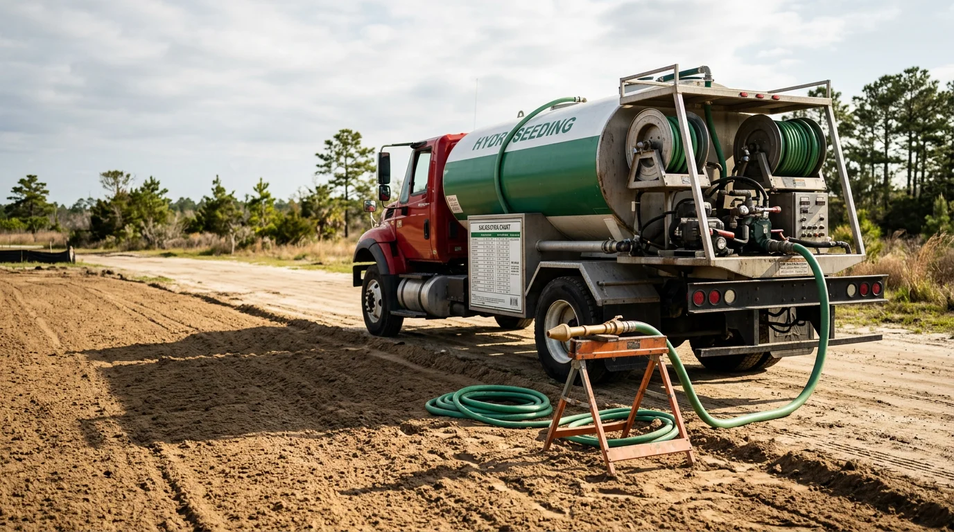 A freshly hydroseeded residential yard in Jacksonville, NC showing a uniform green slurry coating applied across bare graded soil. The mulch layer is visible across the surface, with a residential property in the background.