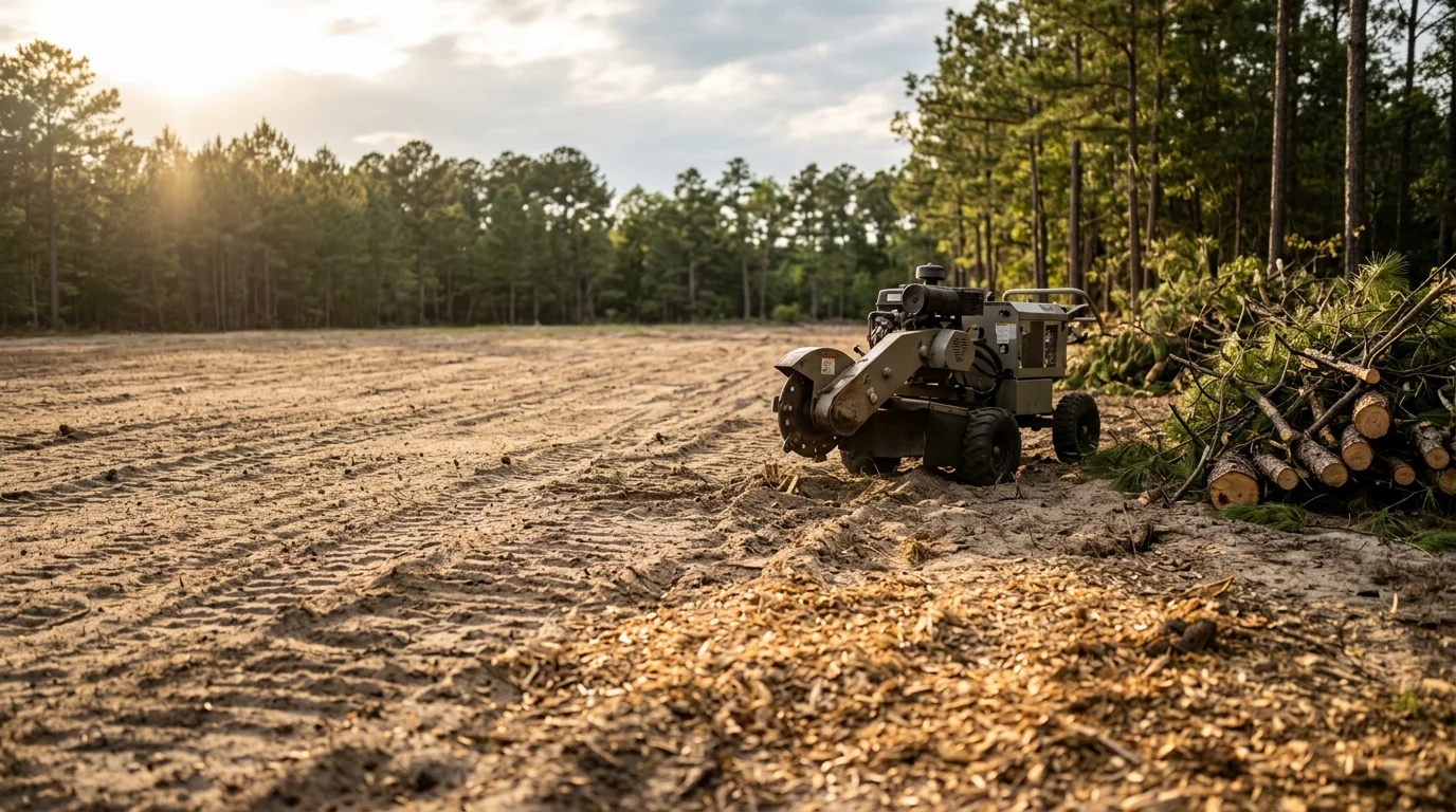 A freshly cleared residential lot in Jacksonville, NC with trees, stumps, and brush removed, leaving open sandy soil ready for construction. Equipment tracks visible across the cleared ground with pine tree line at the property boundary.