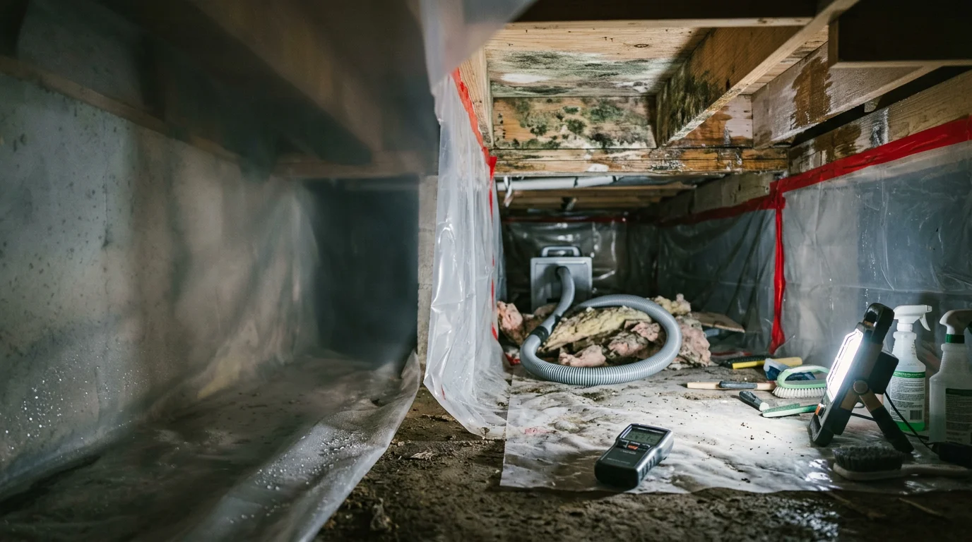 A licensed mold abatement contractor in protective gear removing mold-contaminated drywall from a crawl space in a Jacksonville, NC home. Containment barriers are visible in the background.