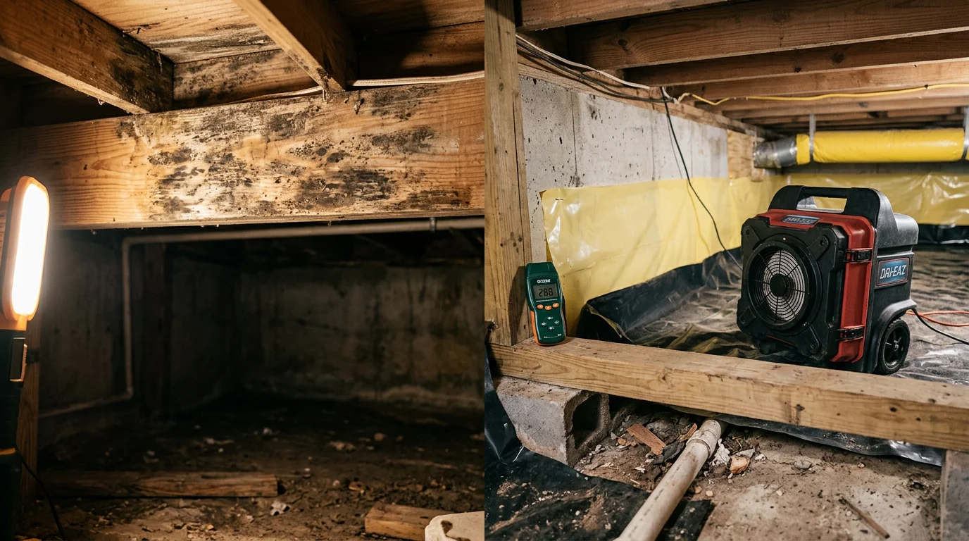 A crawl space beneath a Jacksonville NC home showing mold growth on wooden joists before professional remediation. A licensed contractor in protective gear prepares containment barriers prior to removal.