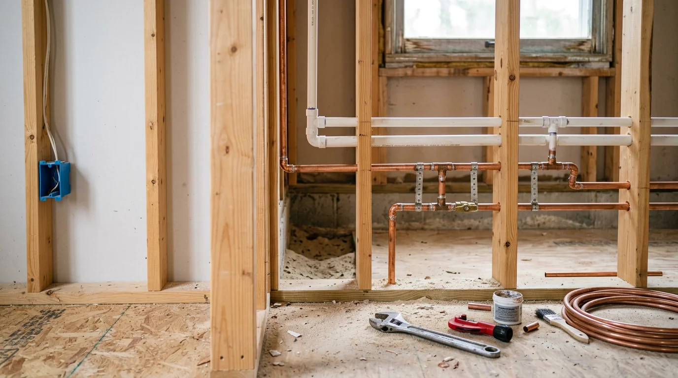 A licensed plumber installing a water heater in a residential home in Jacksonville, NC. New copper supply lines connect to the unit in a clean utility space typical of Onslow County homes.