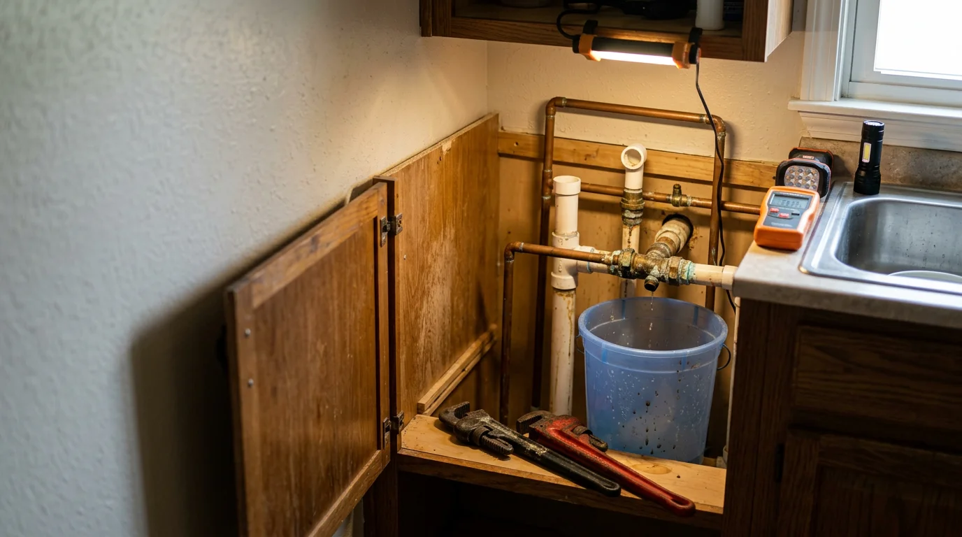 A licensed plumber repairing a leaking pipe beneath a crawl space in a Jacksonville, NC home. The repair addresses corrosion damage common in Onslow County's coastal humidity.