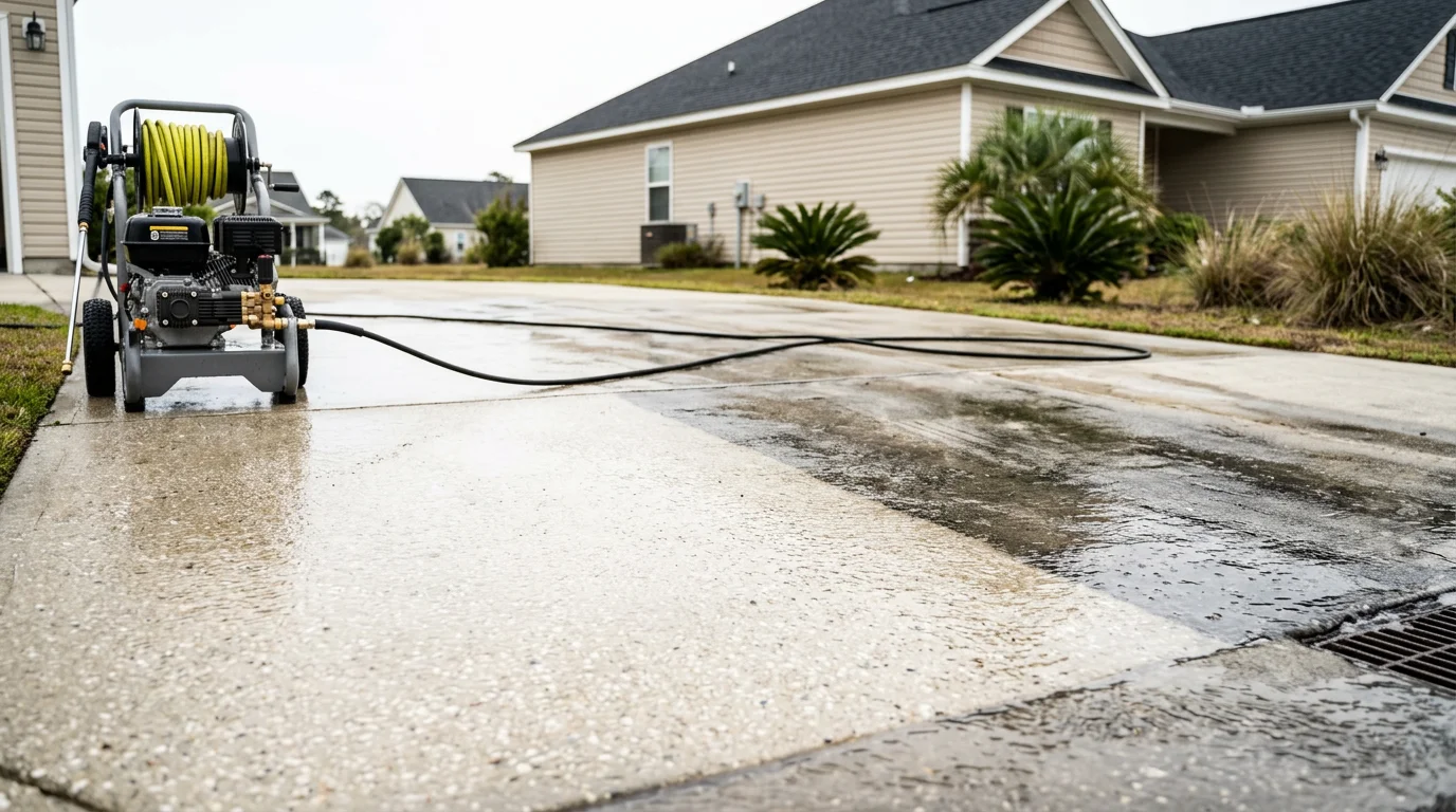 A pressure washer removing dark green algae and mildew stains from the exterior siding of a residential home in Jacksonville, NC. The cleaned section shows restored surface color against the surrounding buildup.