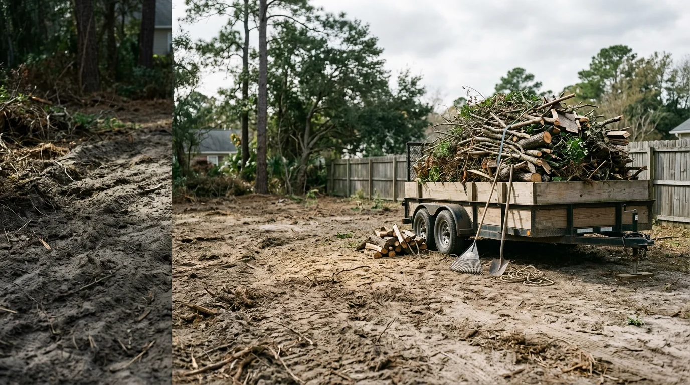 A cleared residential property in Jacksonville, NC with storm debris and yard waste removed, leaving clean ground ready for use. Integrity Plumbing and Utilities LLC property cleanup service in Onslow County.