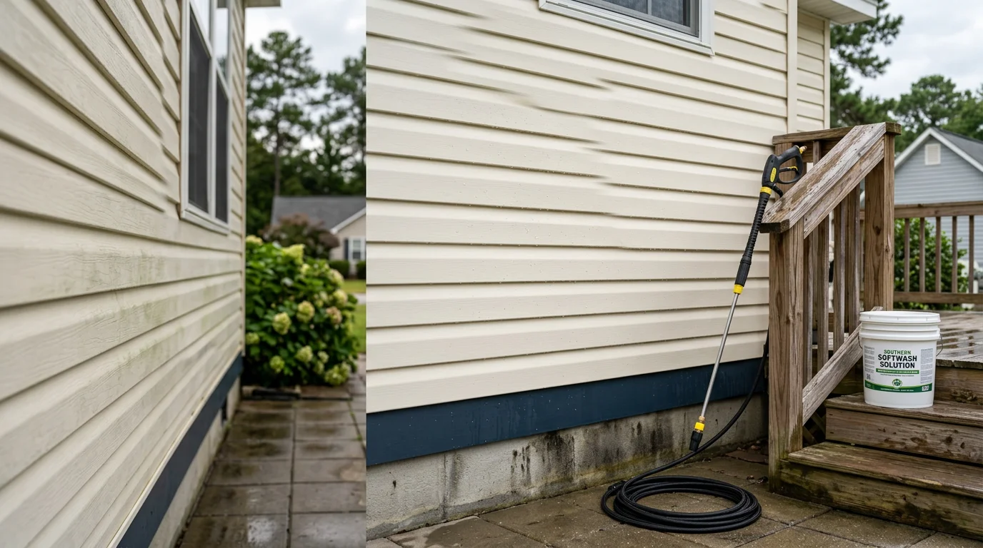 A residential home exterior in Jacksonville, NC with clean vinyl siding after professional soft washing service. Green and black mold staining has been fully removed from the siding and trim.