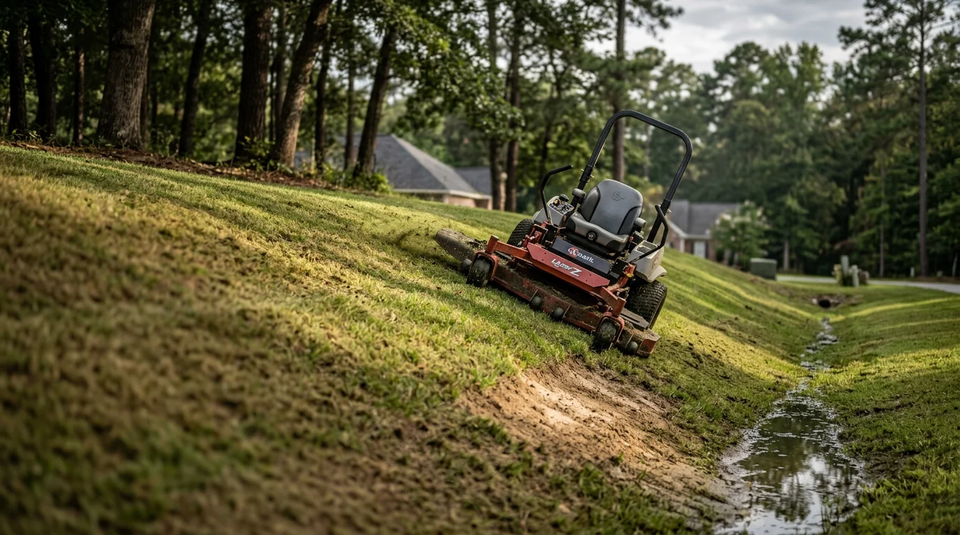 A steep grassy embankment on a residential property in Jacksonville, NC, freshly mowed with clean, even cuts along the slope edge. The surrounding terrain shows the rolling, drainage-adjacent landscape common to Onslow County properties.
