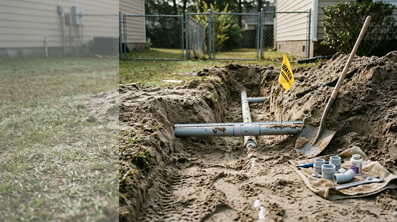 A residential utility line trench in a Jacksonville, NC yard showing exposed water supply pipe being inspected by a plumber. Sandy Onslow County soil is visible along the trench walls.