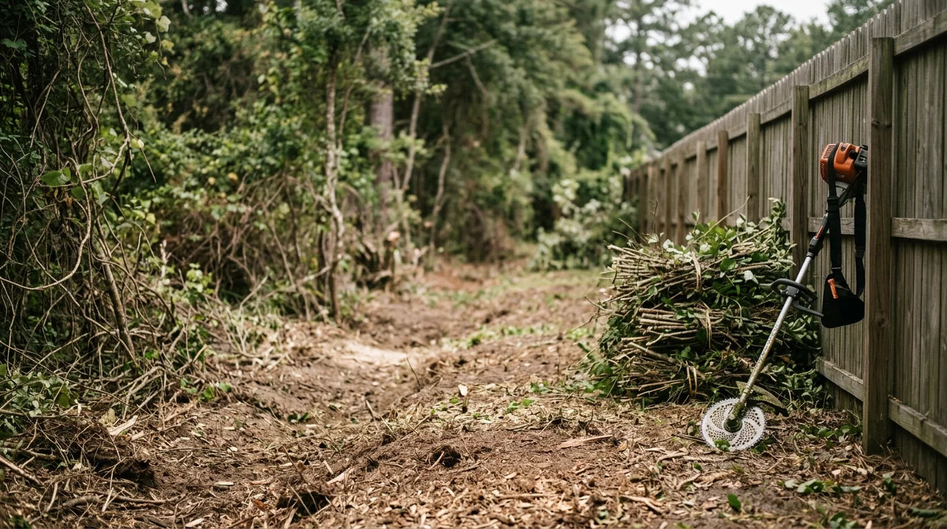 Overgrown brush and weeds cleared from a residential lot edge in Jacksonville, NC, with clean fence line and open ground visible after vegetation management service by Integrity Plumbing & Utilities LLC.