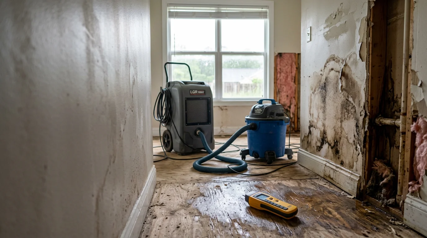 A licensed contractor inspecting water-damaged drywall and flooring inside a Jacksonville, NC home following a plumbing failure. Moisture damage is visible along the base of interior walls with documentation materials present on site.