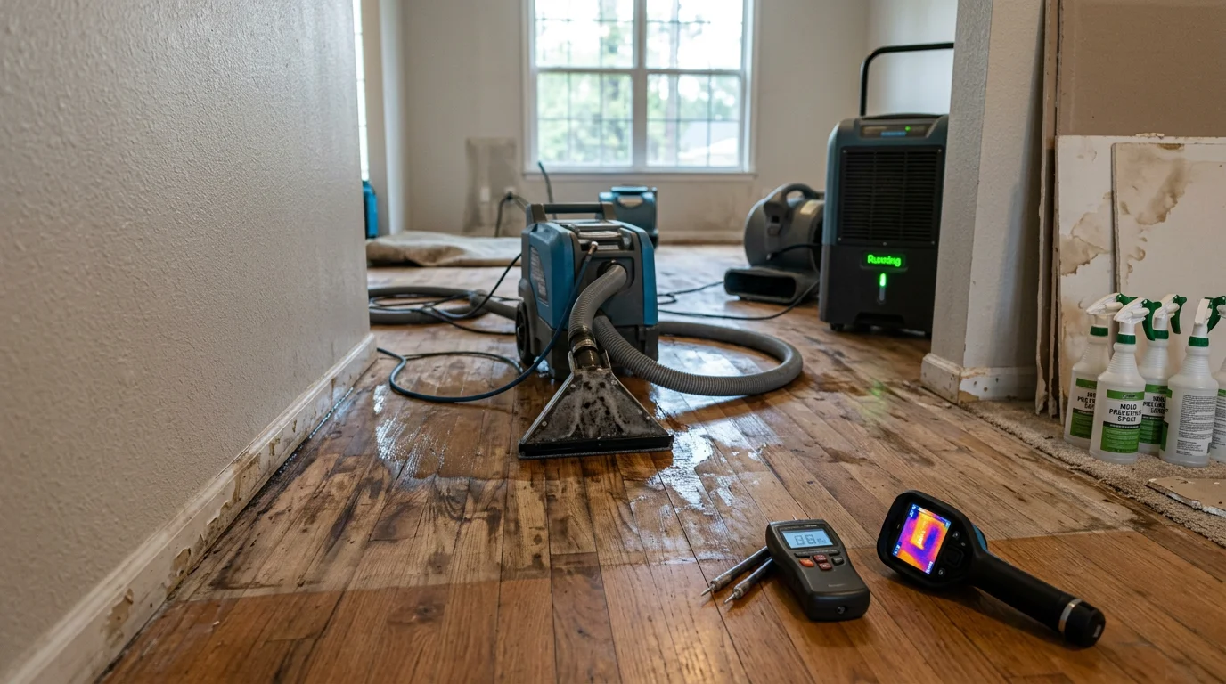 Interior view of a water-damaged room in a Jacksonville NC home showing wet flooring and moisture-stained drywall during the restoration assessment process. A technician inspects the affected wall cavity for hidden moisture.